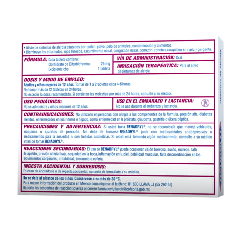 Benadryl 25 Mg Con 24 Tabletas