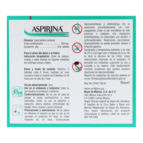 Aspirina 500 Mg Con 100 Tabletas