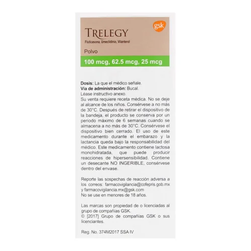 Trelegy 100/62.5/25 Mcg Polvo Con Dispositivo Inhalador 30 Dosis