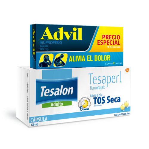 Comprar Tesalon 100 Mg Con 20 Cápsulas + Advil 200 Mg Con 2 Tabletas