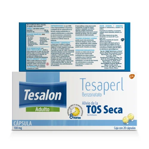 Comprar Tesalon 100 Mg Con 20 Cápsulas + Advil 200 Mg Con 2 Tabletas