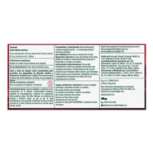 Excedrin Migraña 250/250/65 Mg Con 24 Tabletas