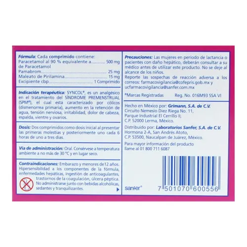 Syncol 500/25/15 Mg Con 24 Comprimidos