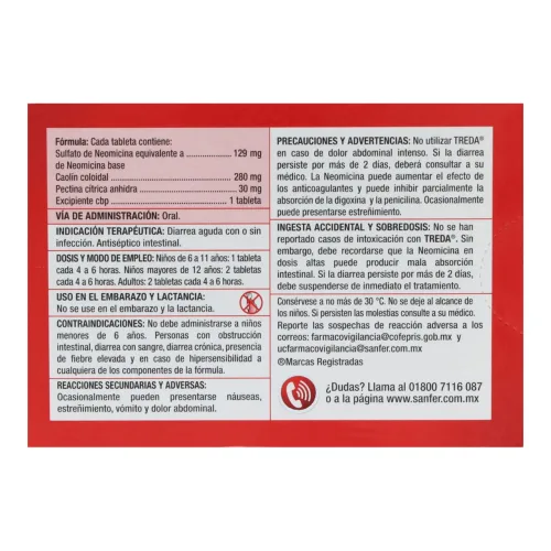 Treda Neomicina Caolín Pectina Con 20 Tabletas