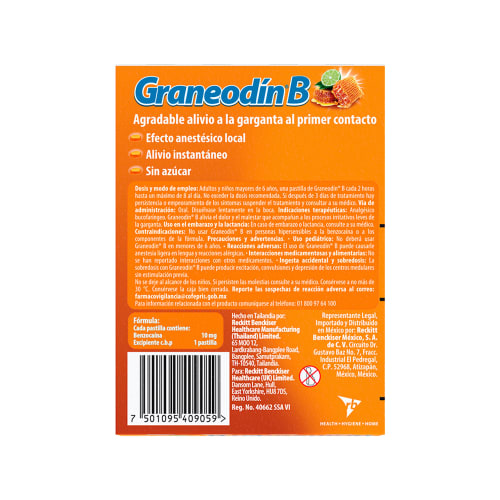 Graneodin B 10 Mg Con 24 Pastillas Sabor Miel Limón