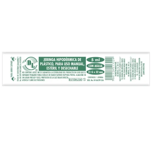 Dl Jeringa Hipodérmica De Plástico Estéril 5 Ml 21G X 32 Mm Con 5 Piezas
