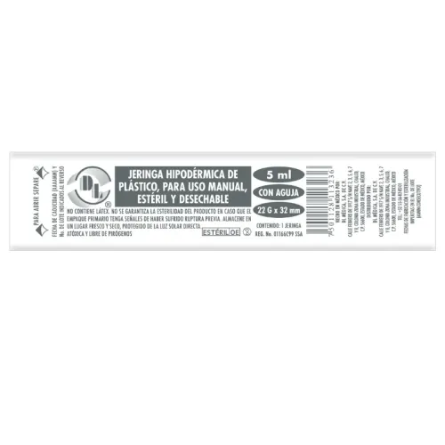 Dl Jeringa Hipodérmica De Plástico Estéril 5 Ml 22G X 32 Mm Con 5 Piezas