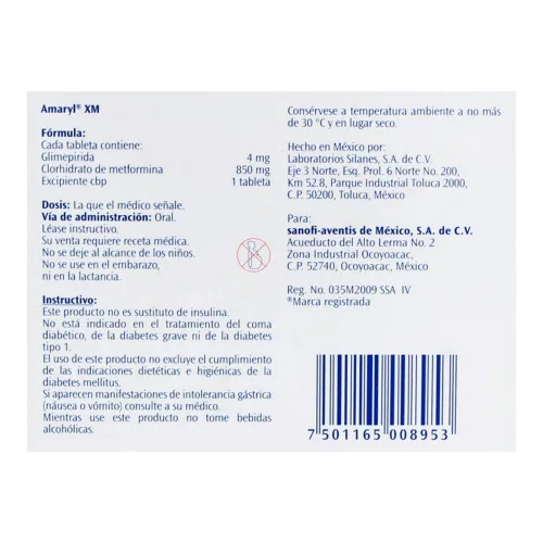 Amaryl Xm 4/850 Mg Con 16 Tabletas
