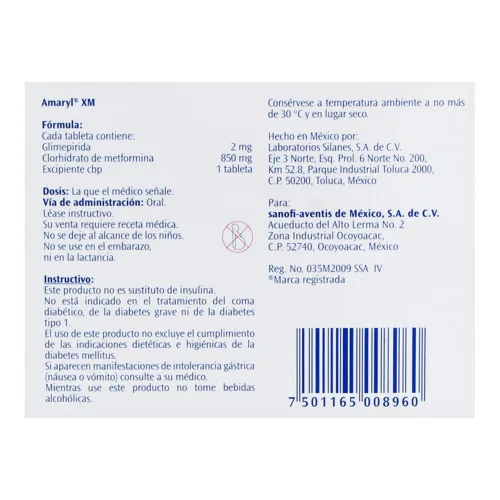 Amaryl Xm 2/850 Mg Con 16 Tabletas