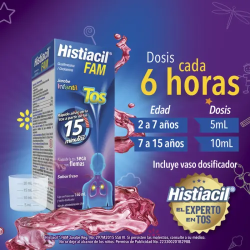 Histiacil FAM jarabe infantil para la tos seca y con flemas, sabor Fresa,  140 ml : : Salud y Cuidado Personal