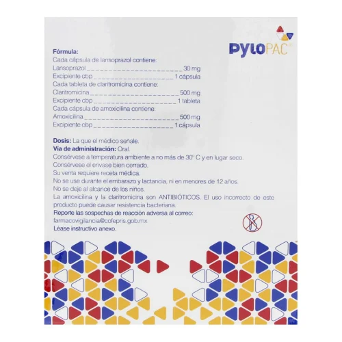 Pylopac Amoxicilina Claritromicina Lansoprazol 30/500/500 Mg Con 8 Cápsulas