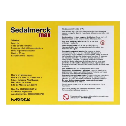 Comprar Sedalmerck Max 650/65 Mg Con 24 Tabletas