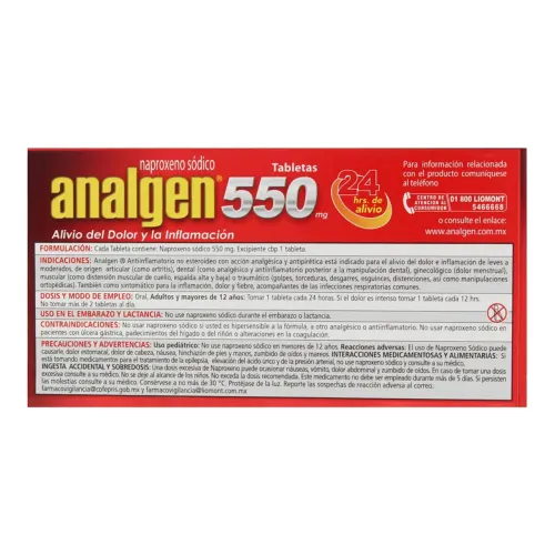 Comprar Analgen 550 Mg Con 12 Tabletas