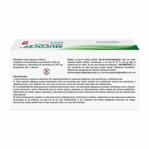 Mucocef 500 Mg / 8.782 Mg – Caja Con 21 Cápsulas (Cefalexina Y Bromhexina)