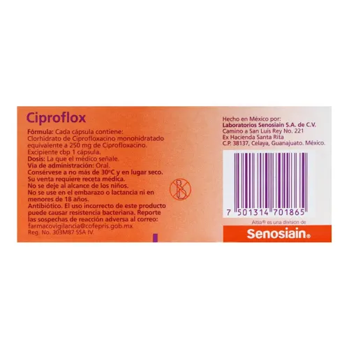Ciproflox Ciprofloxacino 250 Mg Con 12 Cápsulas