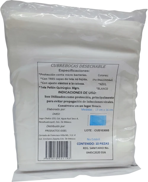 Gisel Cubrebocas Desechable Liso Con 10 Piezas