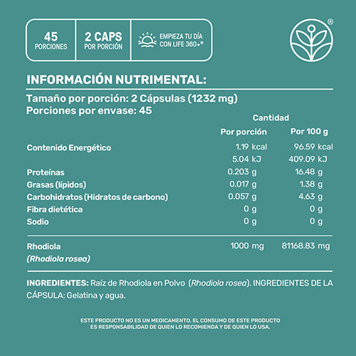 Life360+ Rhodiola Rosea Con 90 Cápsulas