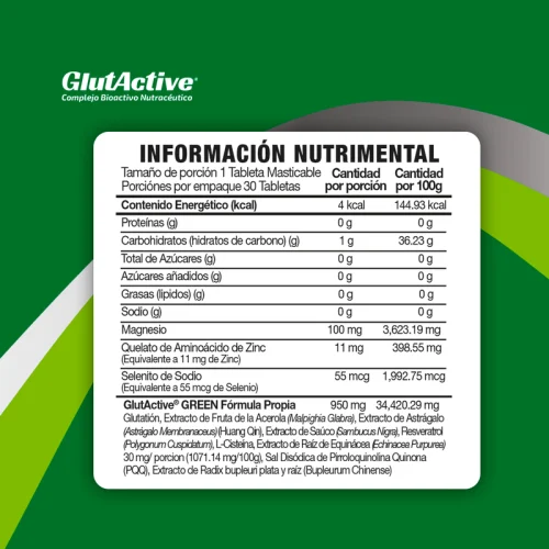 Comprar Glutactive Green Antioxidante con Glutatión, Cisteína, Resveratrol Con 30 Tabletas Masticables