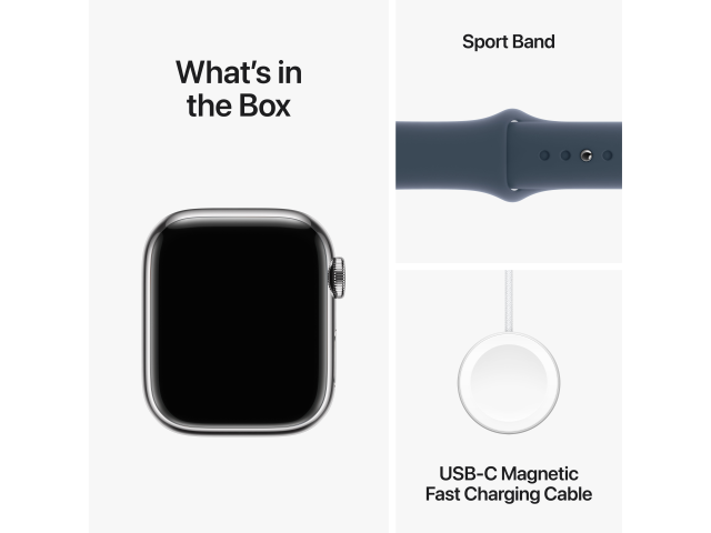 Apple Watch Series 9 GPS + Cellular 41mm Zilveren Roestvrijstalen Kast met Storm Blauwe Sportband - S/M-7