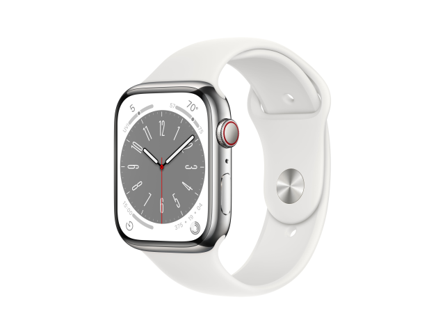 Apple Watch Series 8 GPS + Cellular 45mm Zilver Stainless Steel Case met Witte Sport Band - Regular-0