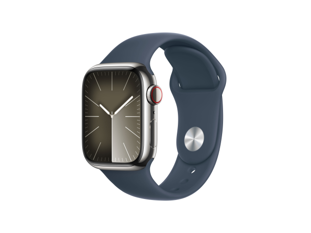 Apple Watch Series 9 GPS + Cellular 41mm Zilveren Roestvrijstalen Kast met Storm Blauwe Sportband - S/M-0