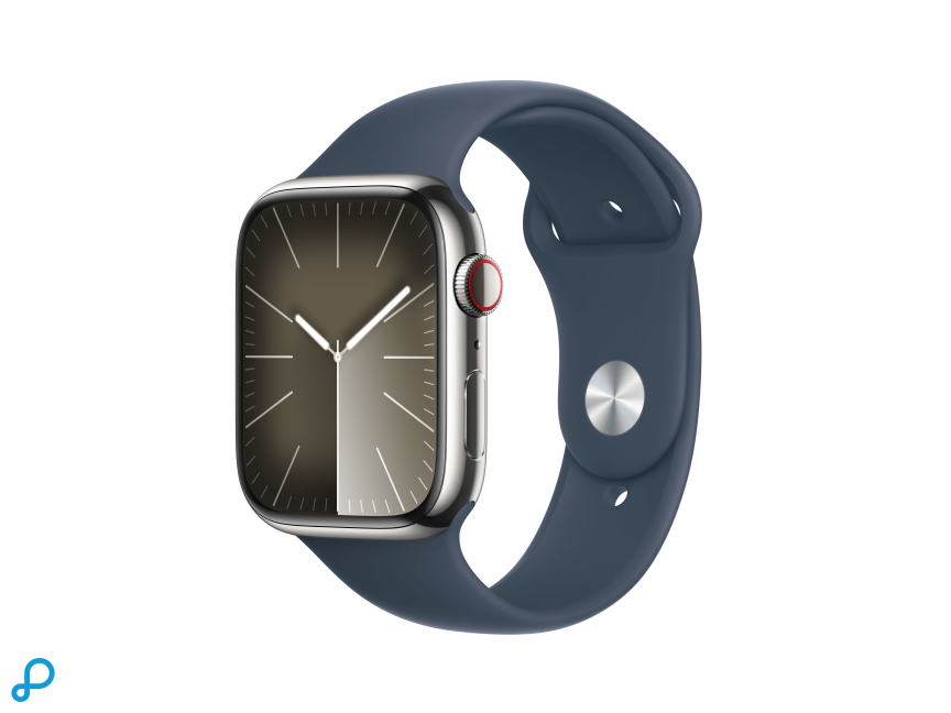 Apple Watch Series 9 GPS + Cellular 45mm Silver Stainless Steel Case with Storm Blue Sport Band - M/L