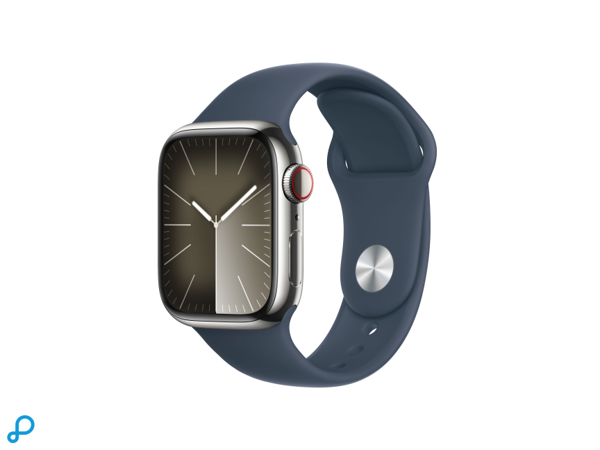 Apple Watch Series 9 GPS + Cellular 41mm Zilveren Roestvrijstalen Kast met Storm Blauwe Sportband - S/M