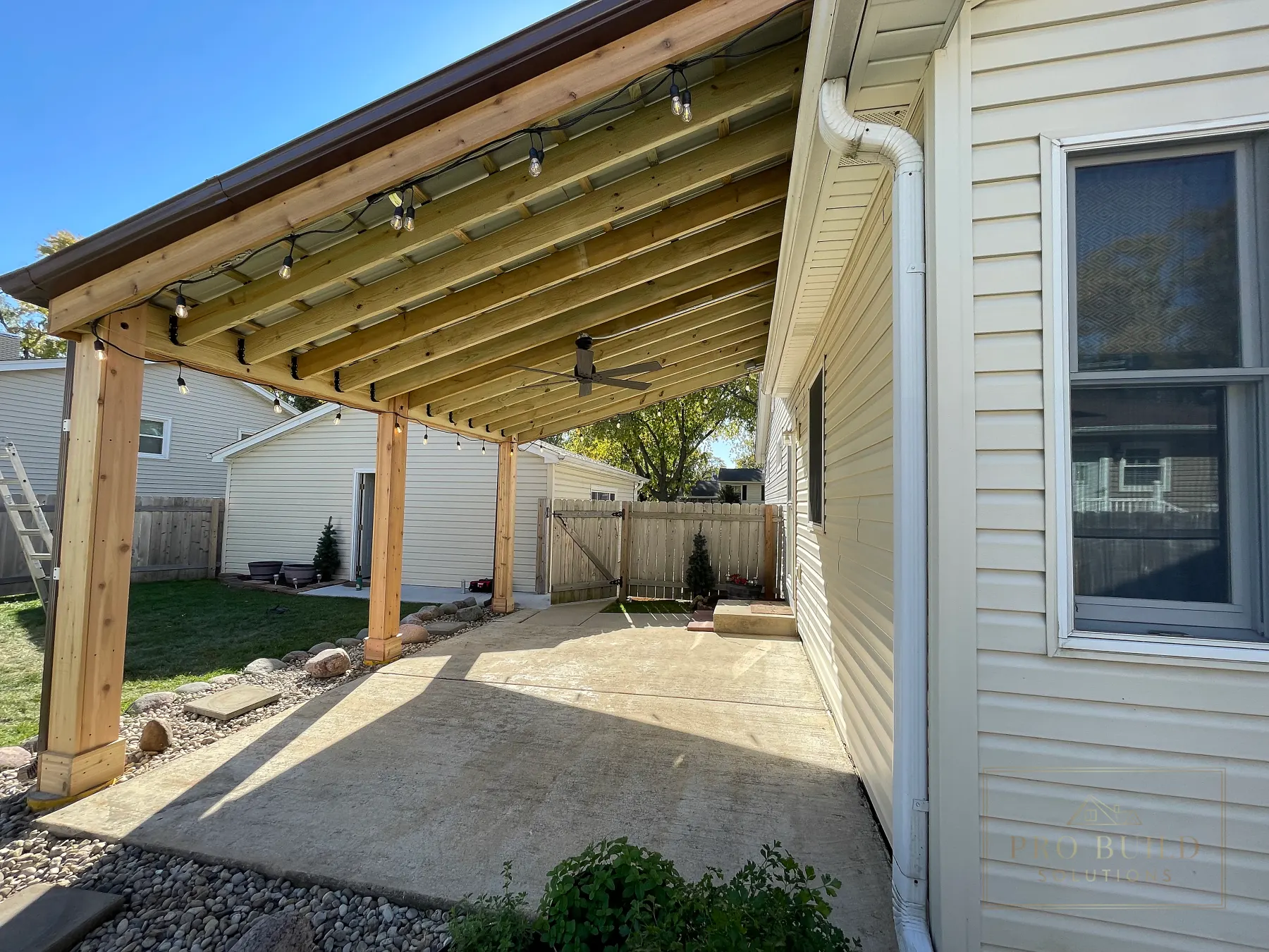 Electrical installation for ceiling fan and lighting in covered pergola
