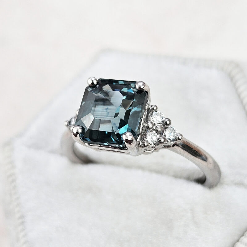 Icy teal sapphire and diamond ring in platinum — 5