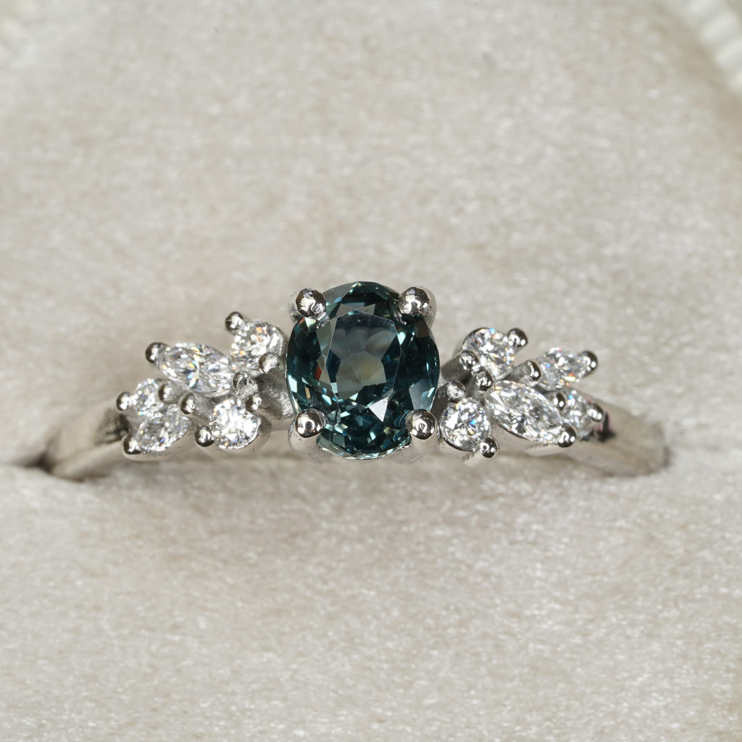 Teal sapphire and lab diamond floral ring — 2