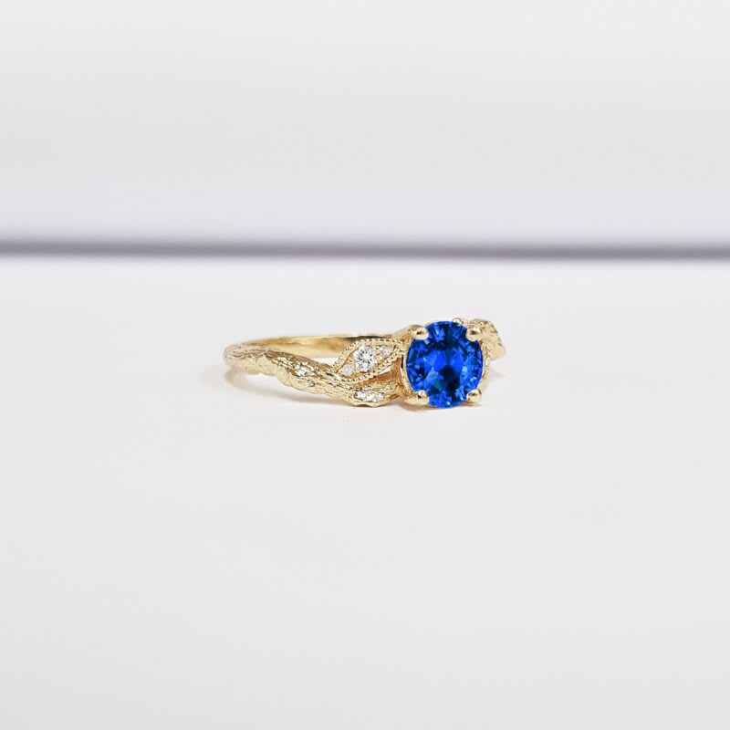 Lab blue sapphire and diamond nature engagement ring — 4