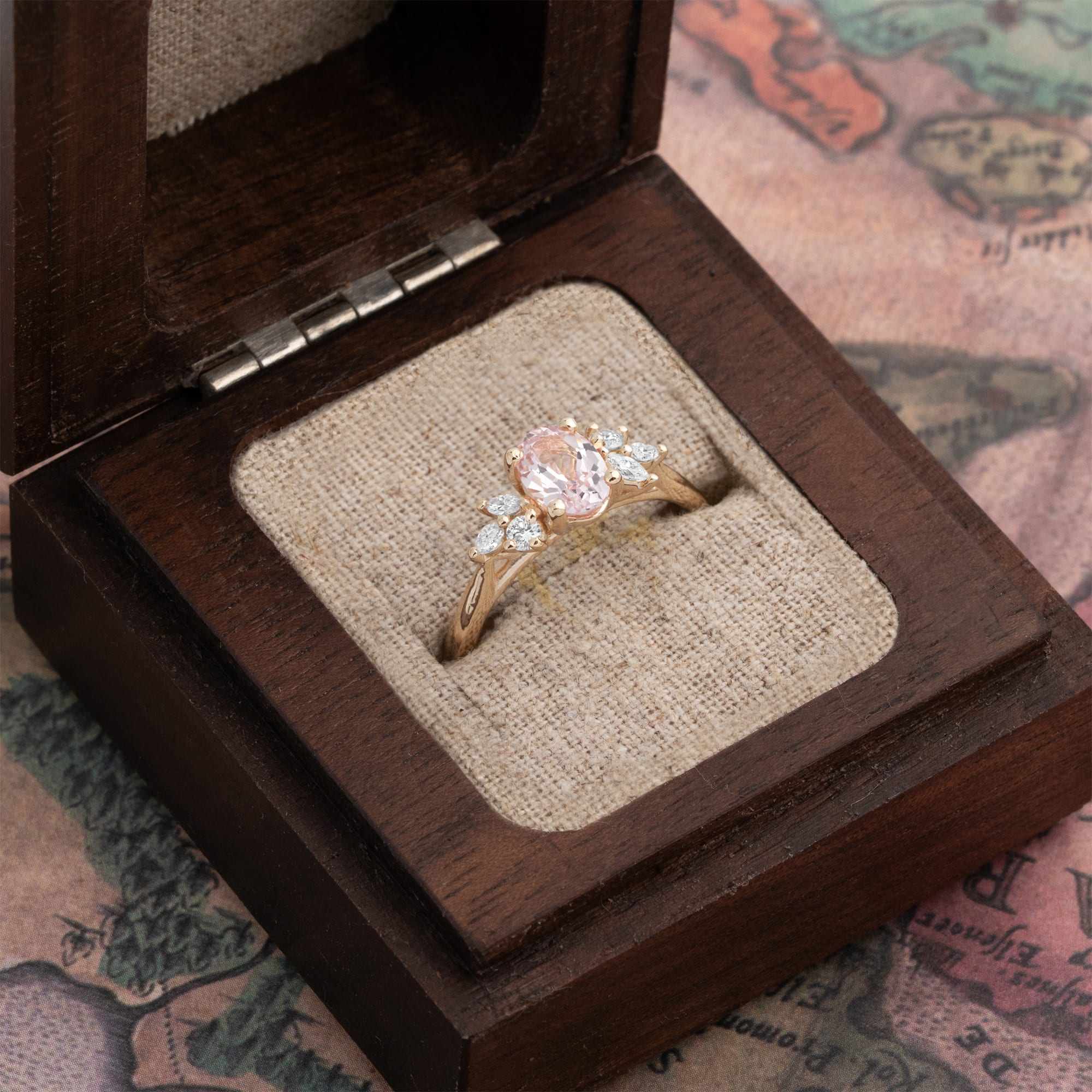 'Dawnflower' Pink champagne sapphire and diamond ring  - alternate view