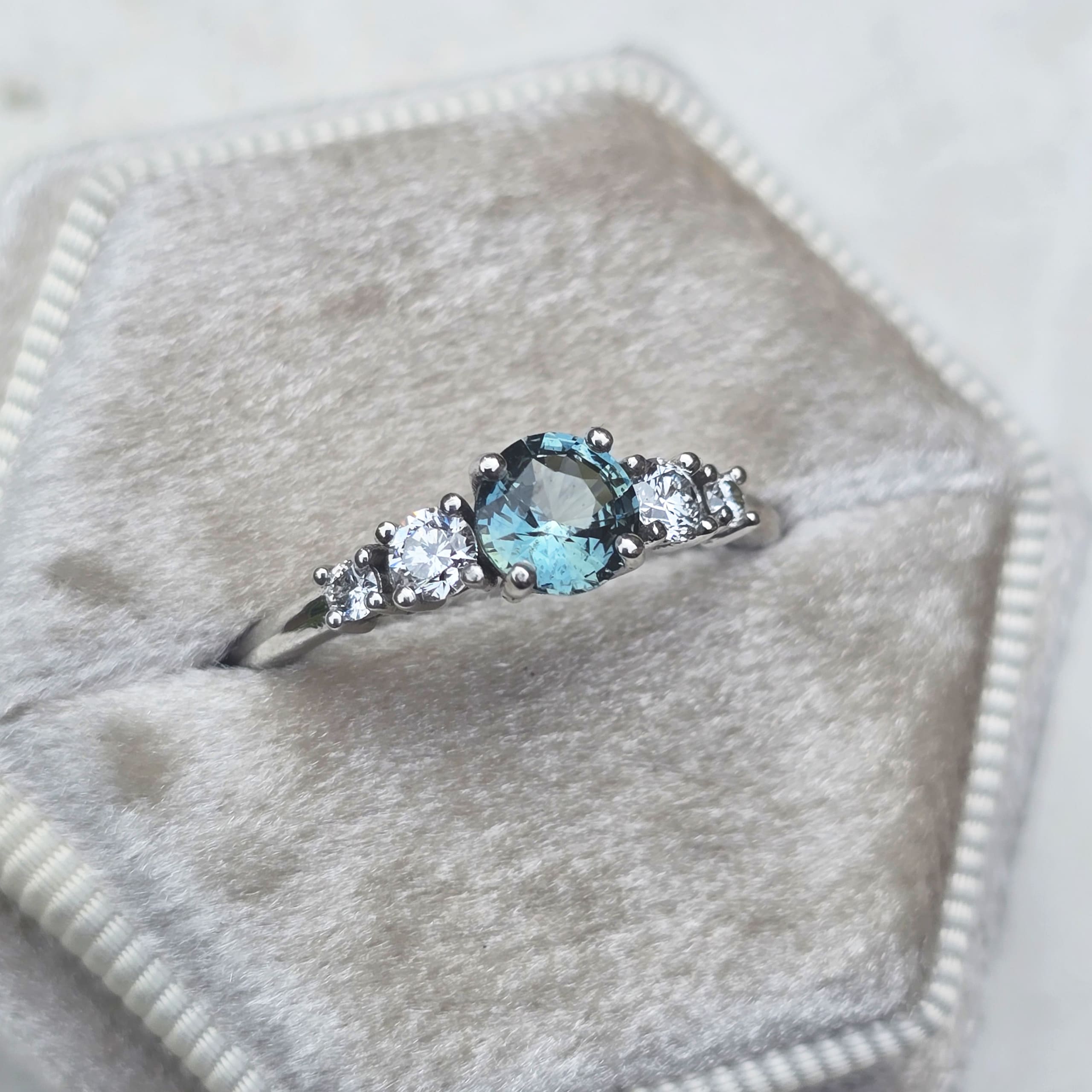 Icy teal sapphire and diamond ring — 3
