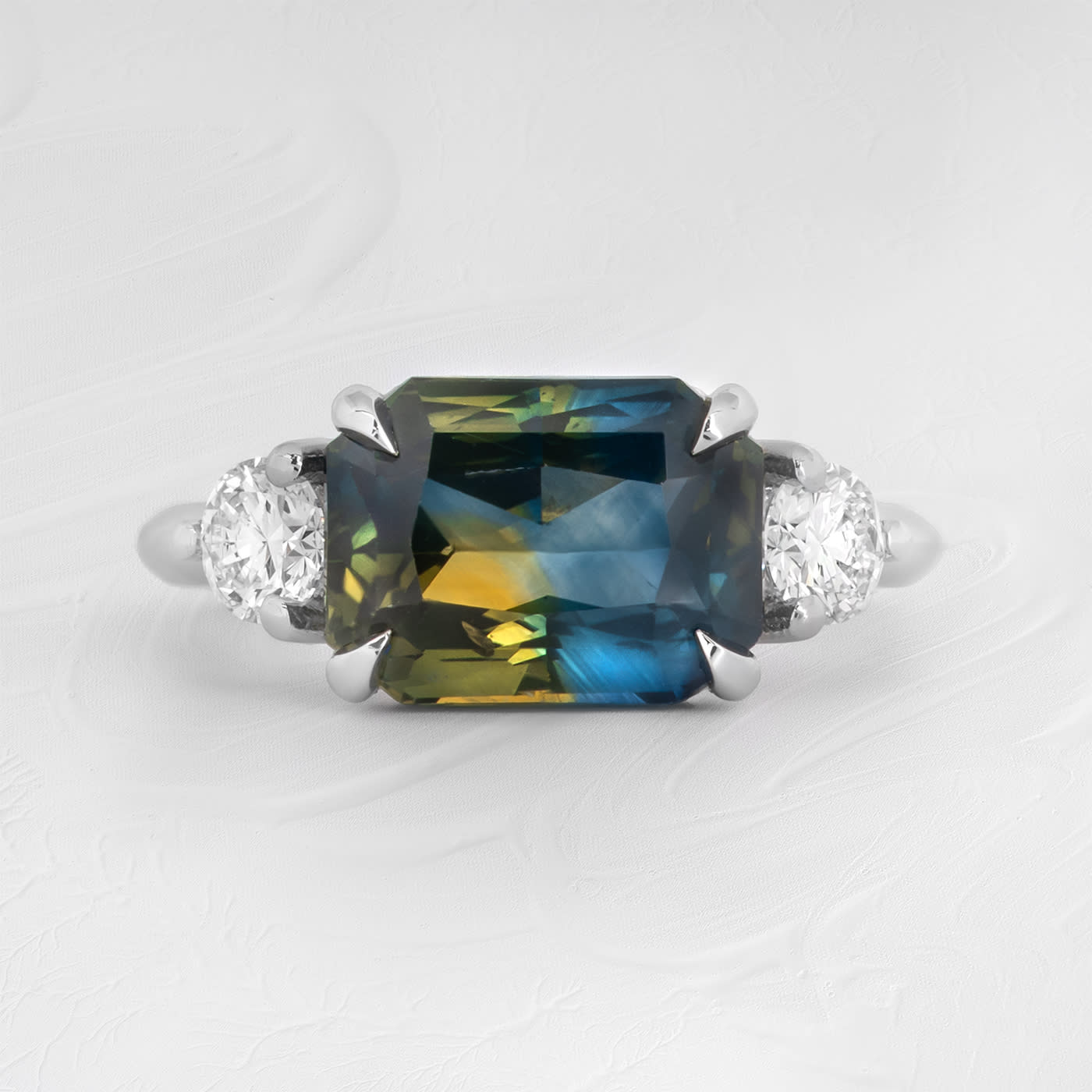 Octagon Bi colour sapphire and diamond trilogy ring  — 1