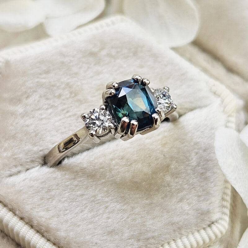 Cushion cut teal sapphire and diamond trilogy ring — 4
