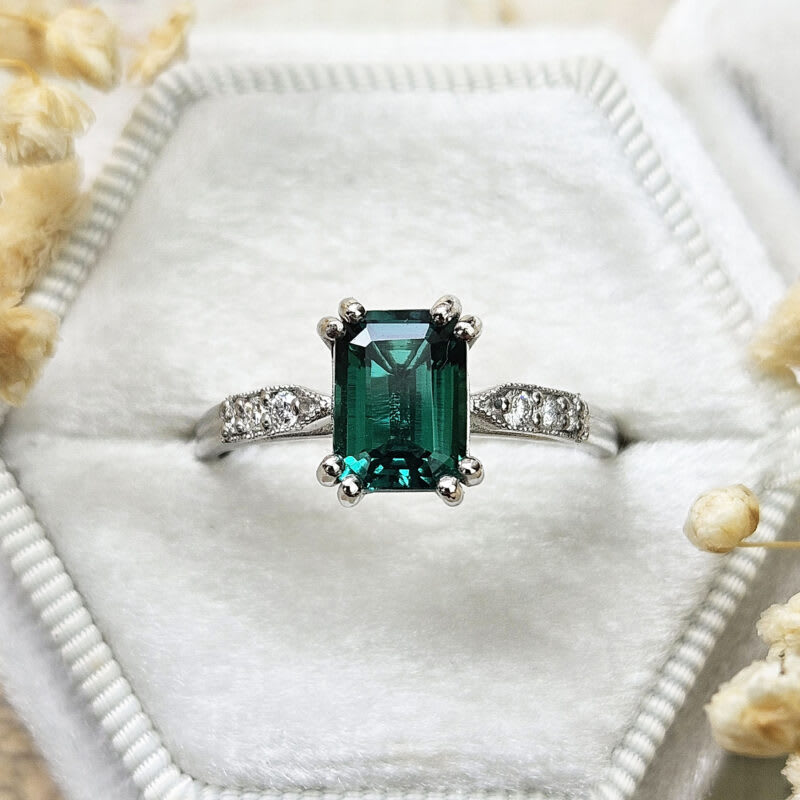 Lab grown emerald and diamond antique inspired ring