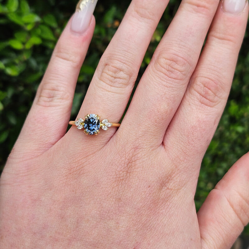 Midnight grey oval moissanite and diamond floral ring — 4