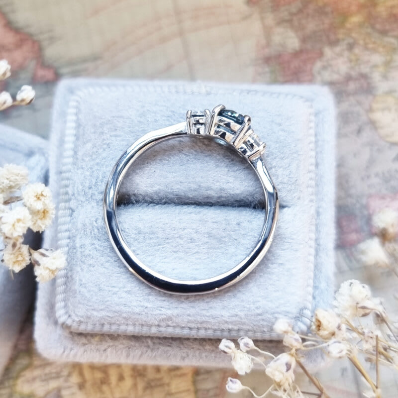 Lab grown aqua blue diamond trilogy ring in platinum — 4