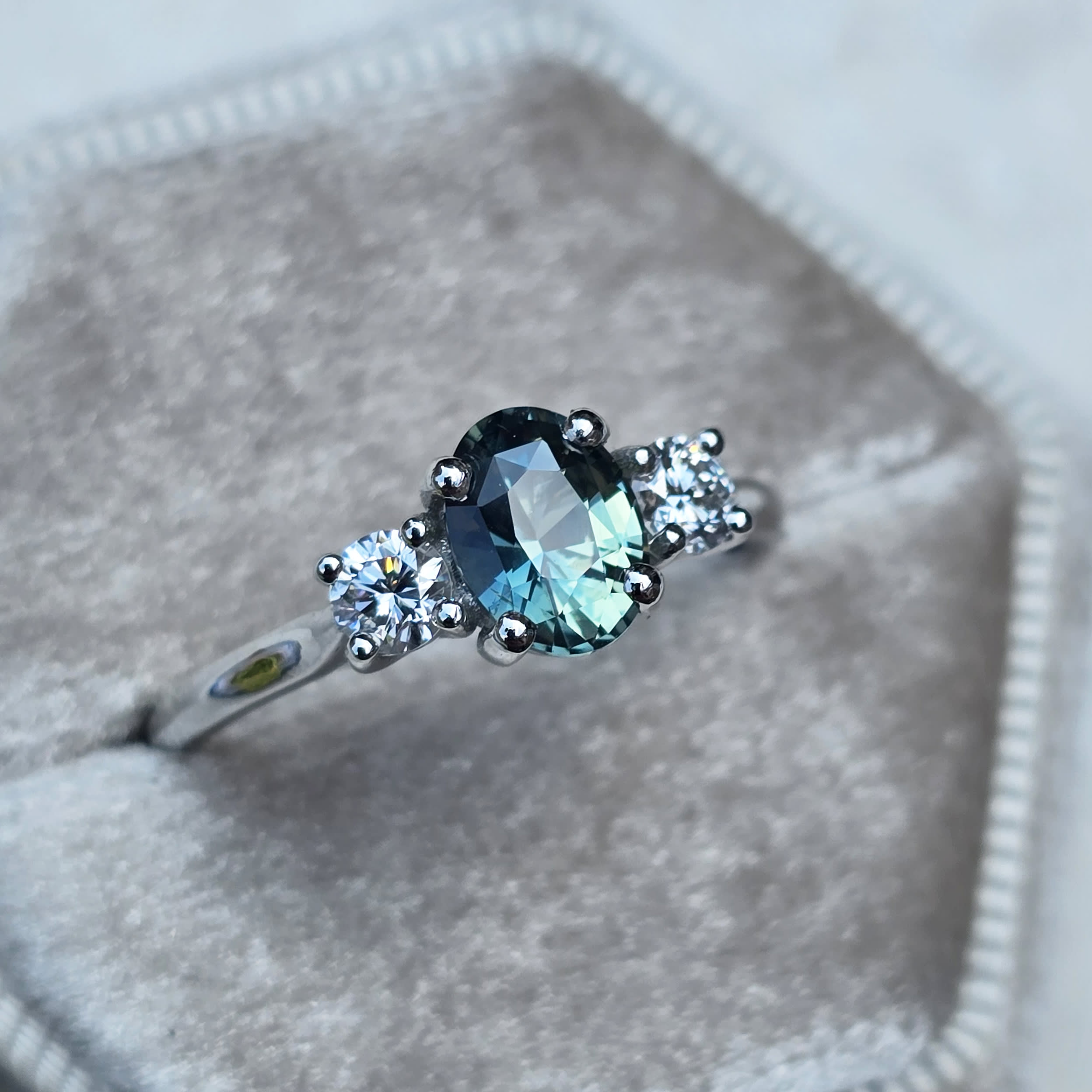 Icy teal sapphire and diamond ring — 2