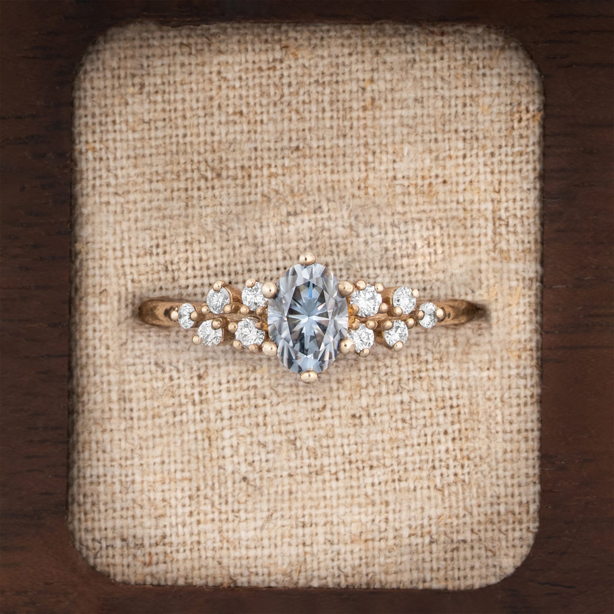 Light grey moissanite and diamond cluster engagement ring — 1