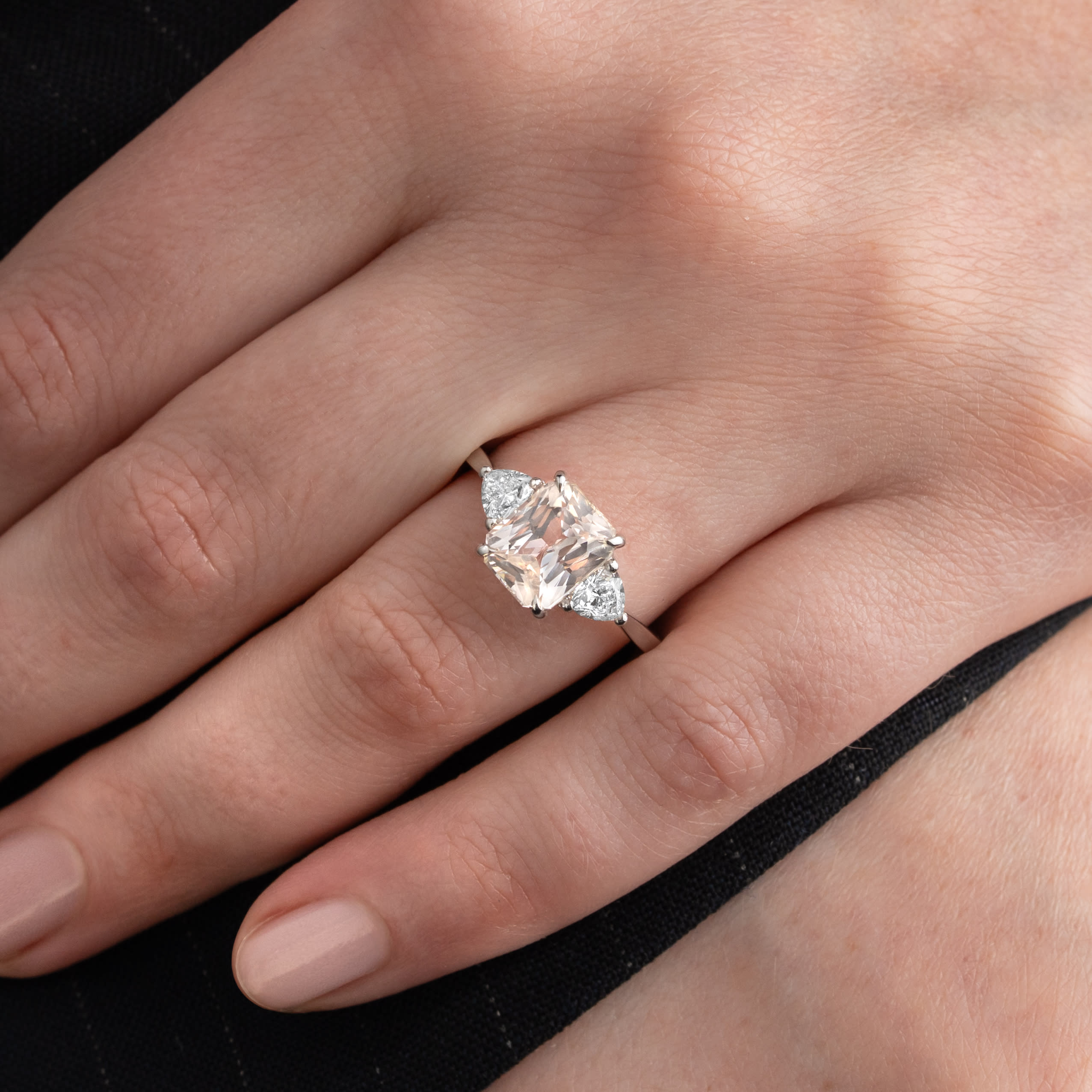 Emerald cut peach sapphire and trillion diamond ring — 4