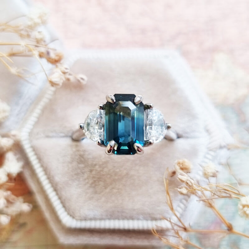 Emerald cut parti sapphire and half moon lab grown diamond ring — 1