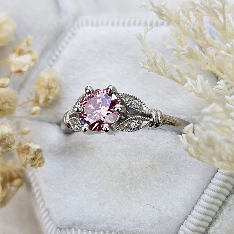 Fancy pink lab grown diamond floral ring — 5