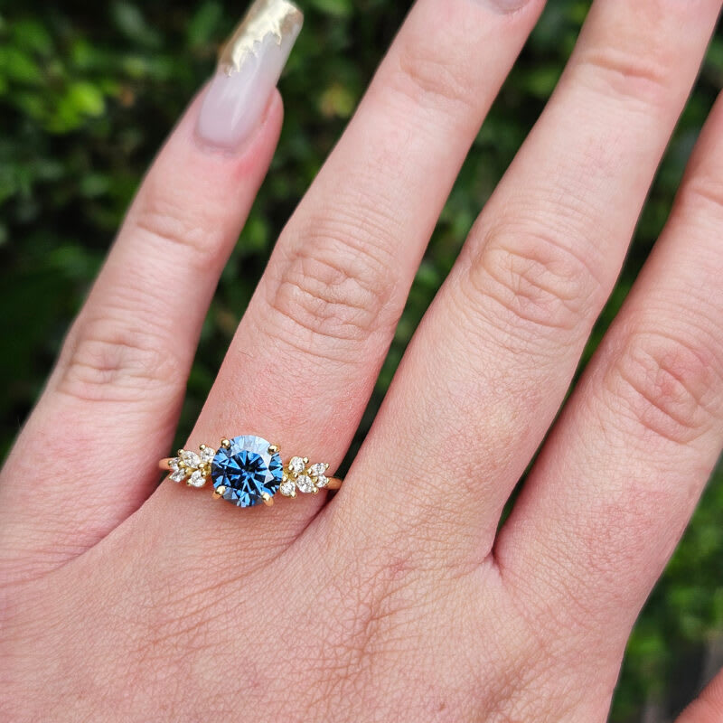 Blue moissanite and diamond floral inspired ring — 4