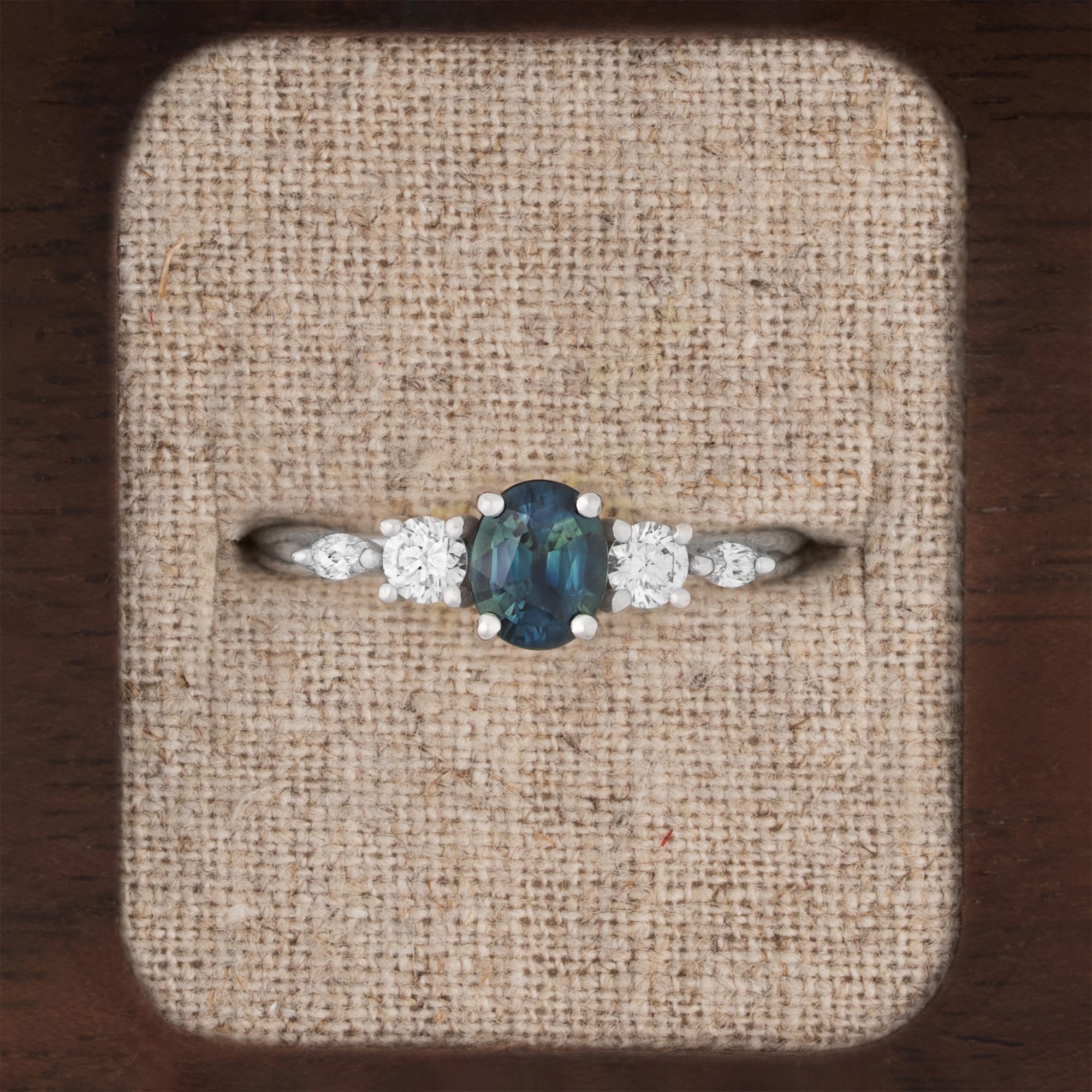 Oval teal sapphire and diamond trellis ring  — 1