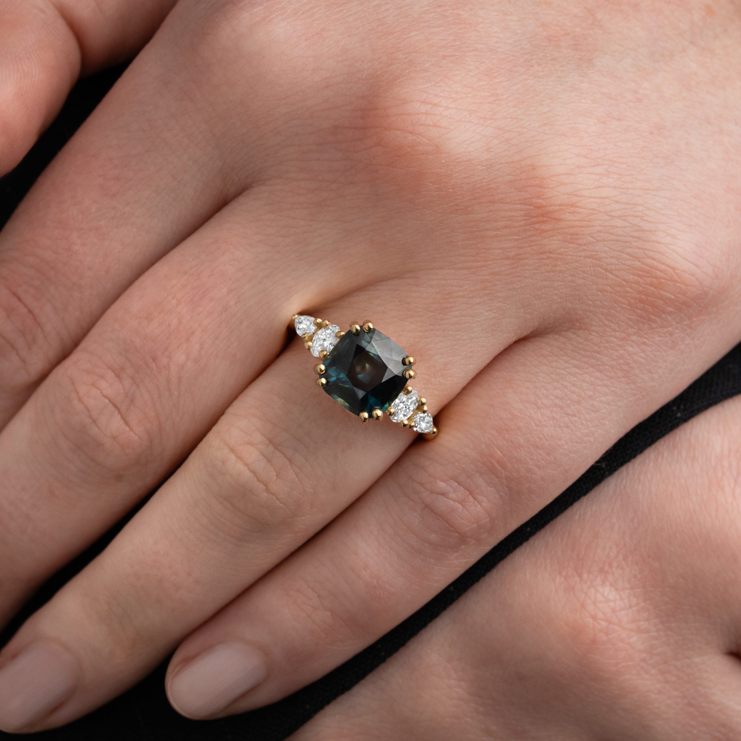 Cushion teal sapphire and diamond ring — 4