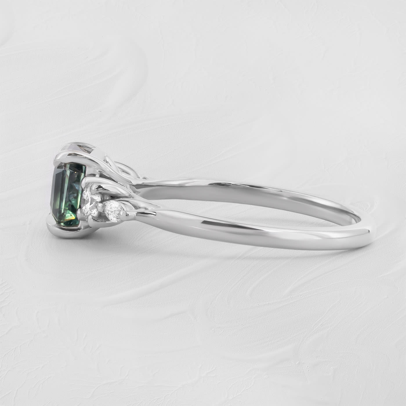 Emerald cut teal sapphire and diamond trellis ring  — 2