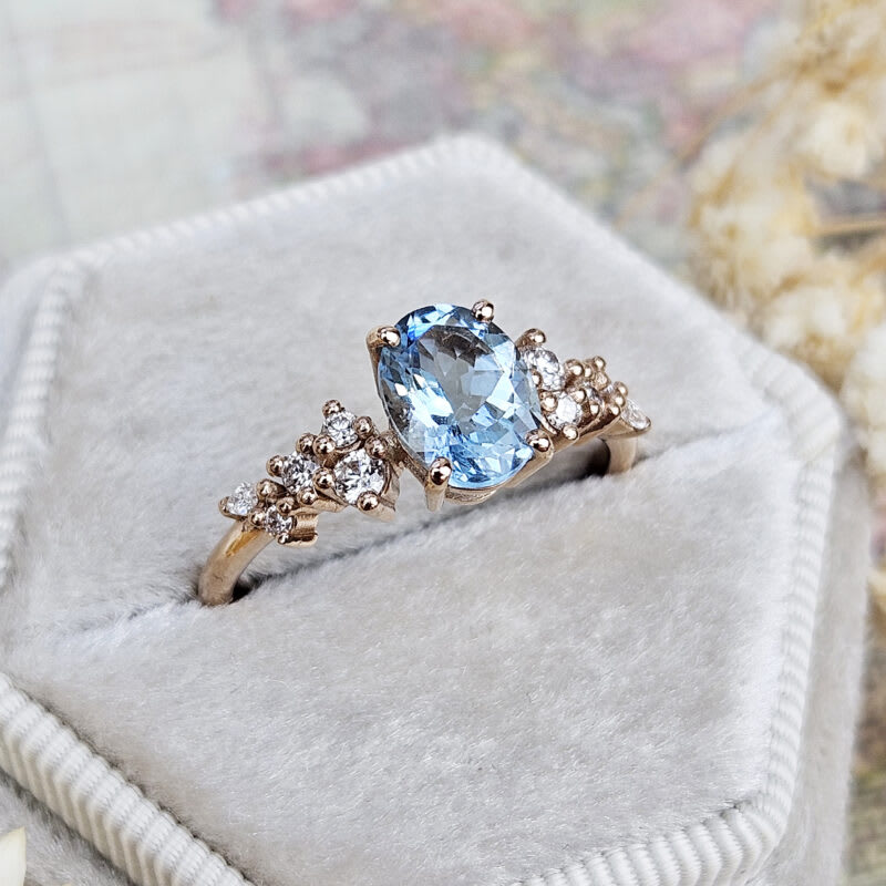 'Hazel' Aquamarine and diamond floral ring in 18ct rose gold — 3