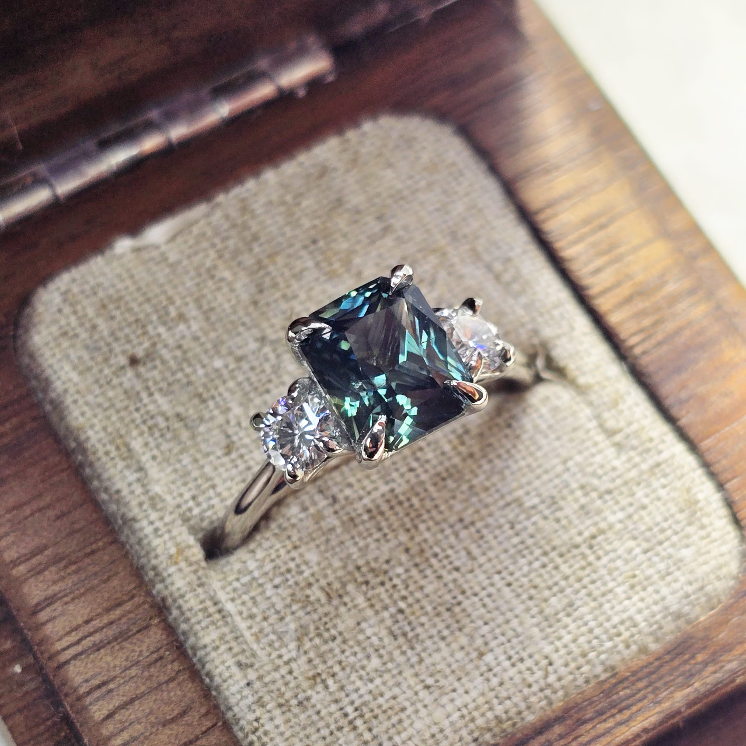 Radiant teal sapphire and diamond ring — 2