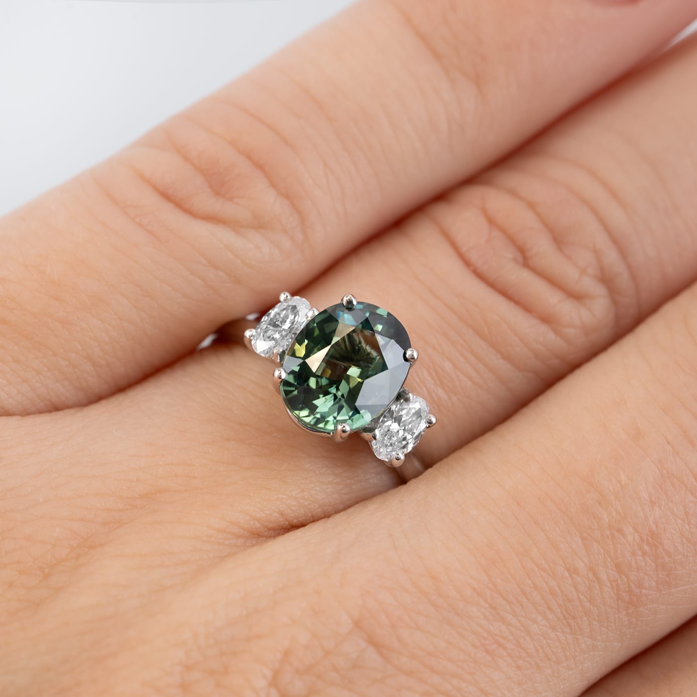 Green sapphire and diamond trilogy ring — 2